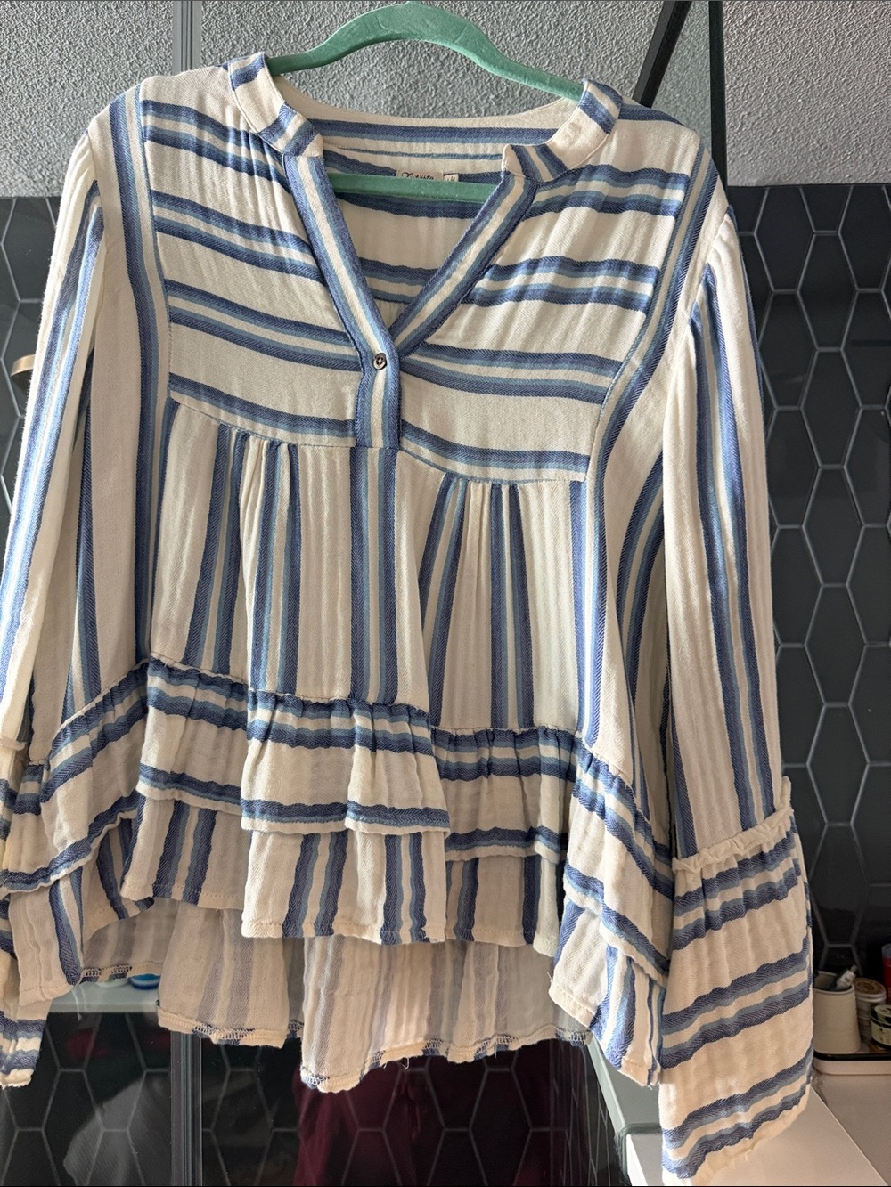 Faherty Cream & Blue Striped Peasant Tunic